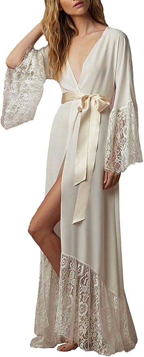Dannifore Women S Long Sleeve Bridal Sleepwear Full Length Nightdress With Satin Sash