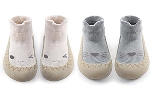 FABRST 2 Pairs Baby Sock Shoes Infant Boys Girls Non Slip Shoes Slippers Toddler First Walking Shoes Slip-on Sneakers
