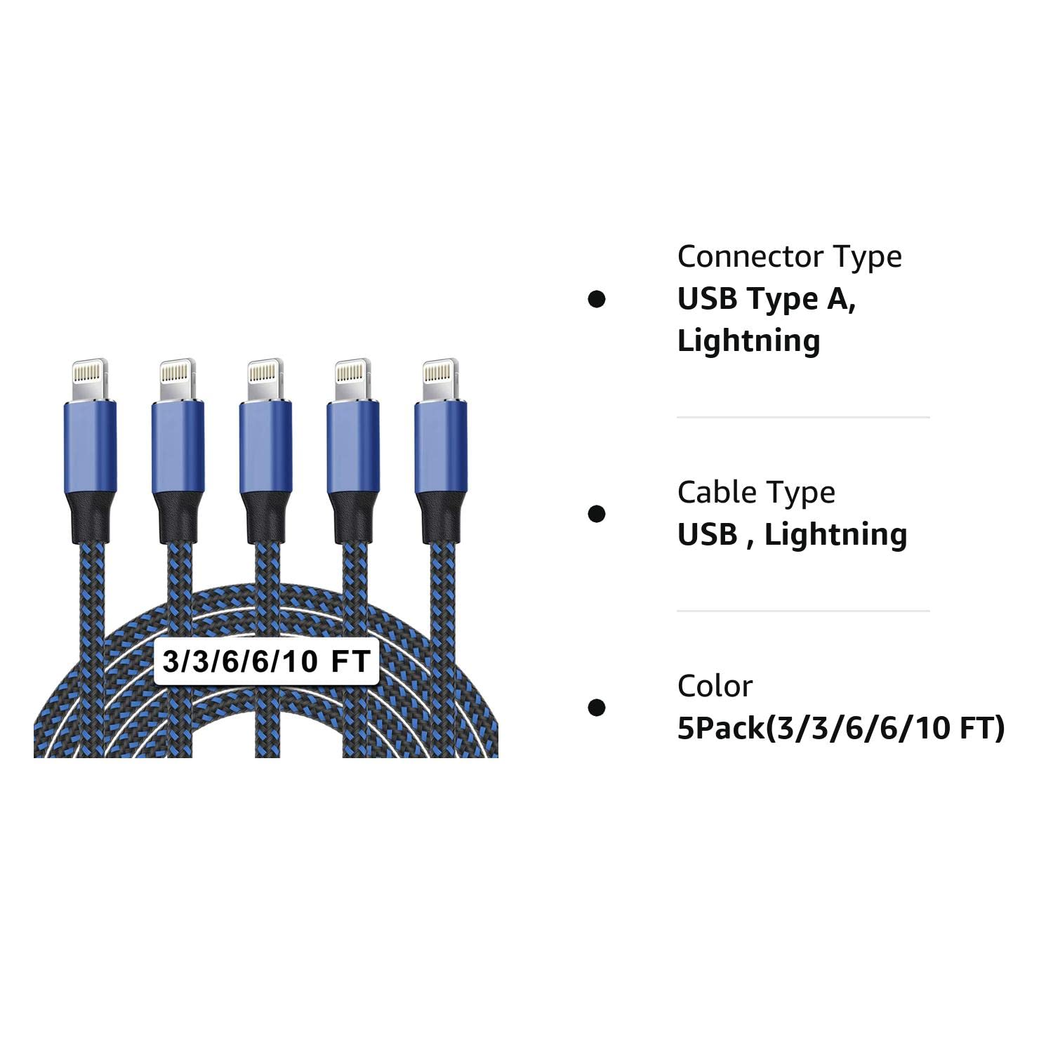 5Pack(3/3/6/6/10 FT)[Apple MFi Certified] iPhone Charger Long Lightning Cable Fast Charging High Speed Data Sync USB Cable Compatible iPhone 13/12/11 Pro Max/XS MAX/XR/XS/X/8/7/Plus/6S iPad AirPods