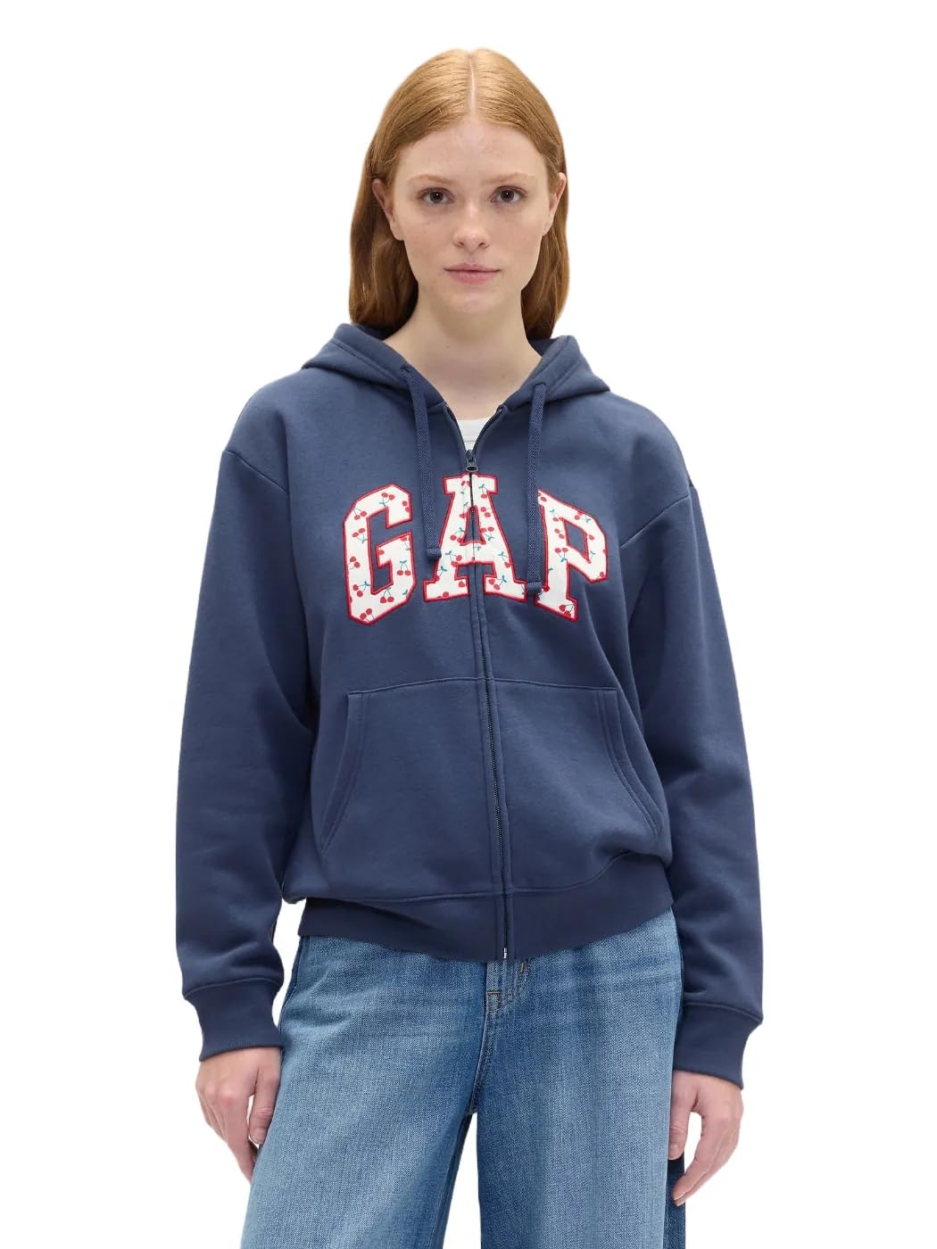 GAP womens Logo Hoodie Hooded Full Zip Sweatshirt Navy Cherries S Image