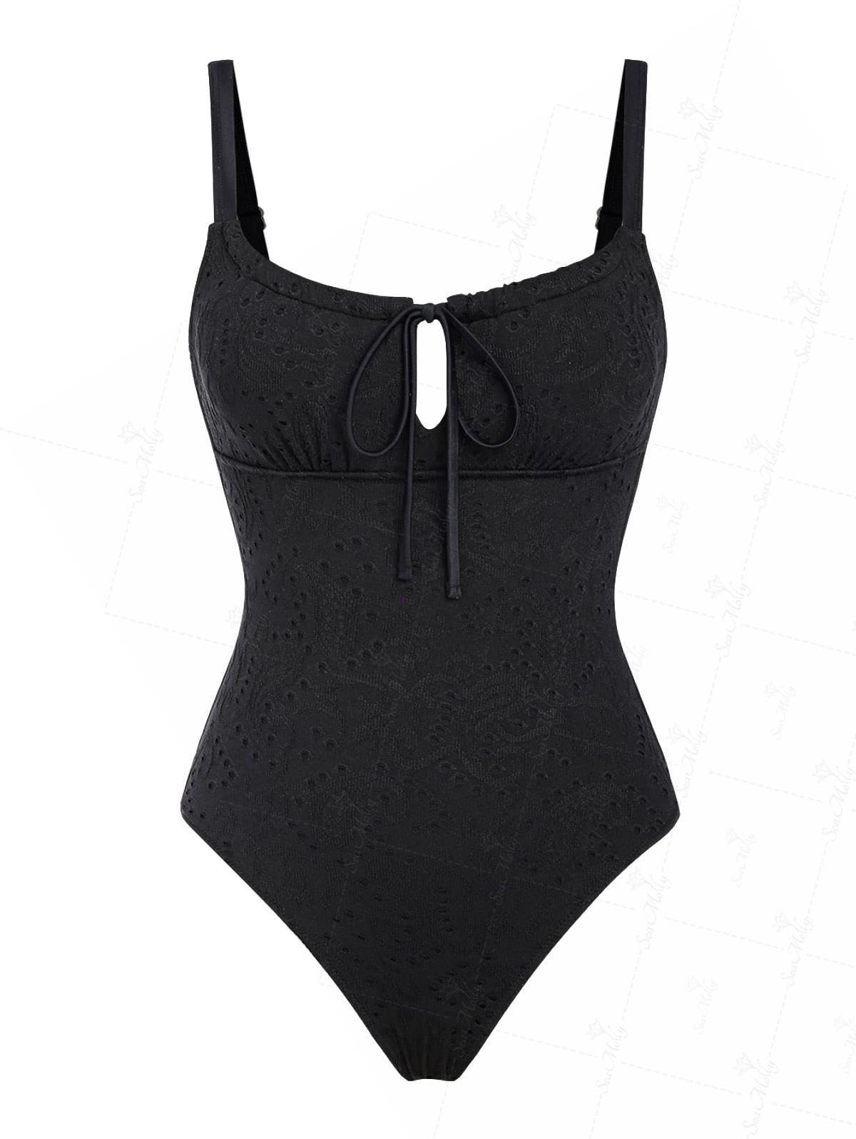 Photo 1 of seamoly Vintage Lace Jacquard Tied Back One-Piece Swimsuit,Black,M