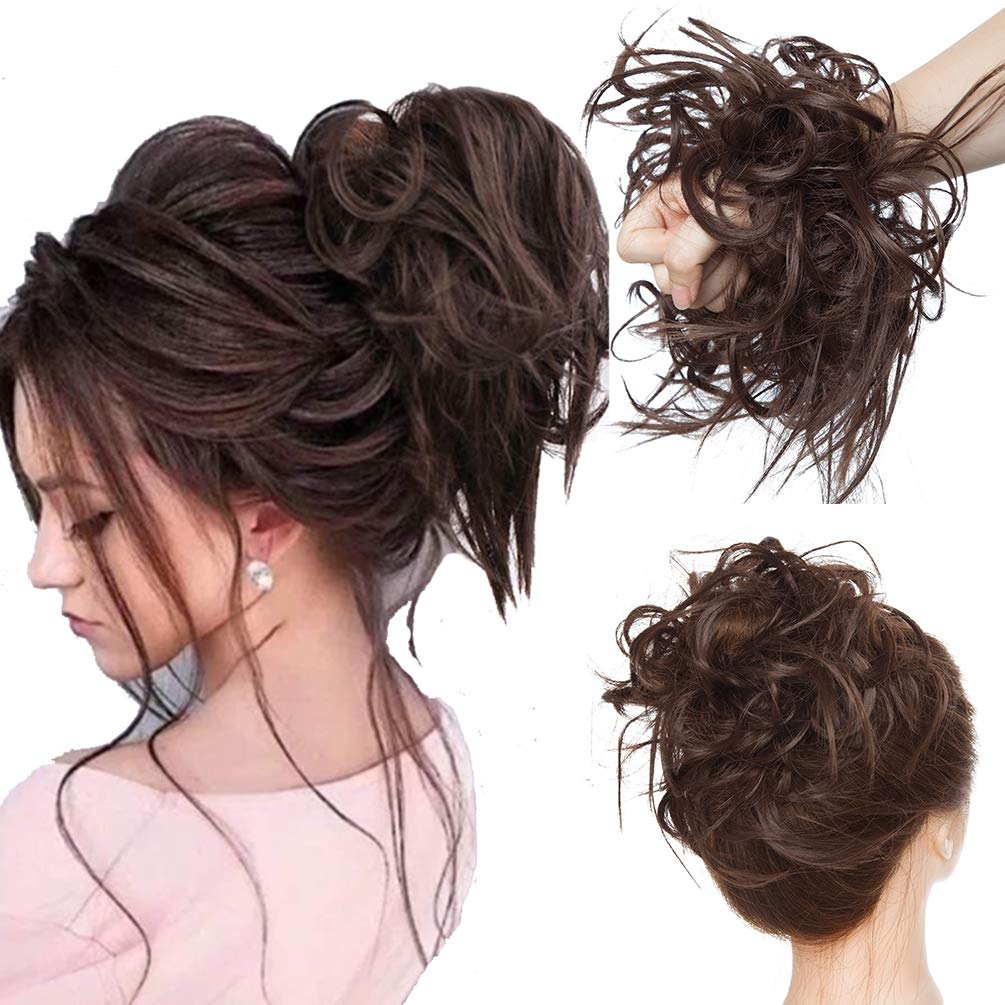 Tousled Updo Messy Bun Hair Extension Instant Ponytail With Elastic Rubber Band Updo Chignon Donut Scrunchies Extensions Hairpiece Synthetic Wavy Hair for Women Medium Brown