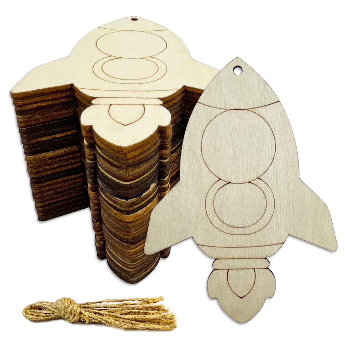Photo 1 of 30 Pcs 4Inch Unfinished Rocket Wood DIY Crafts Cutouts Wooden Rocket Shaped Hanging Ornaments with Hole Hemp Ropes Gift Tags for Home Birthday Decoration Craft Project