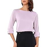 Allegra K Satin Blouse for Women Dressy Casual Top Boat Neck 3/4 Sleeve Business Work Shirt