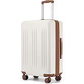Kono Lightweight 24 Inch Expandable Luggage with Quiet Spinner Wheels TSA Lock, Scratch and Drop Resistant PC+ABS Hardside Durable Medium Checked Suitcase, Cream White & Brown