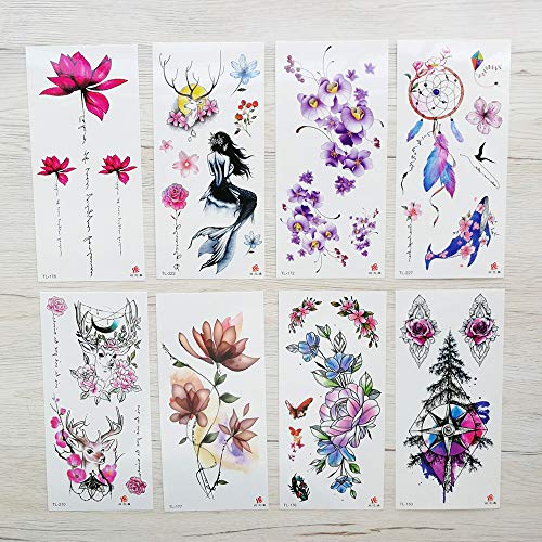 Yesallwas 8 Sheet cute Temporary Tattoo Sticker Fake Tattoos for Women Girls Models,Waterproof Long Lasting Body Art Makeup Sexy Tattoos-Flowers,rose,lotus,Mermaid,dreamcatcher,butterfly (A) - Thumbnail 5