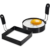 LXLOVESM 2-Pack Round+Square Egg Rings Set with Silicone Handle, Stainless Steel Egg Cooking Rings，Nonstick，For Frying Eggs and English Muffins Pancake, Egg Mold Shaper For Breakfast