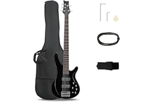 Ktaxon 5 String Electric Bass Guitar, Full Size Standard Right Handed Rosewood Fretboard Bass Kit with Gig Bag Strap Cable Wrench Tool (Upgraded Black)