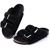 KIDMI Fuzzy Slippers Women with Cork Footbed Fluffy Slides Open Toe Indoor House Shoes | Arch Support | Adjustable Buckles