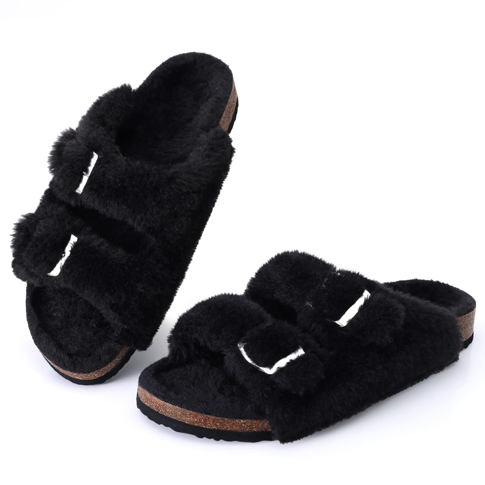 KIDMI Fuzzy Slippers Women with Cork Footbed Fluffy Slides Open Toe Indoor House Shoes | Arch Support | Adjustable Buckles, Black 5-6