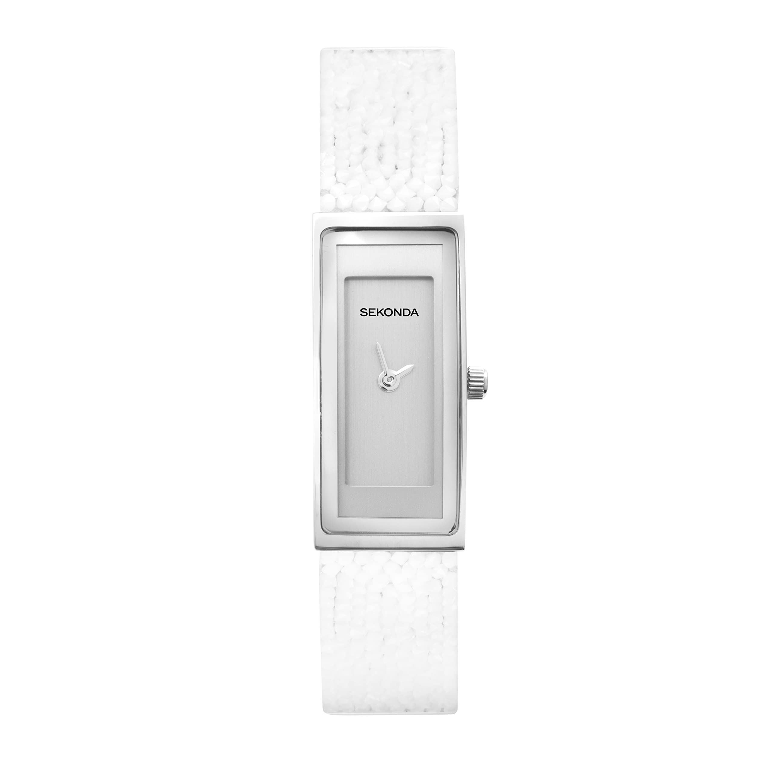 Sekonda 17mm Sparkle White Slim Ladies Crystal Rocks Dress Watch with Brushed Dial Jewellery Clasp and Leather Backed Strap