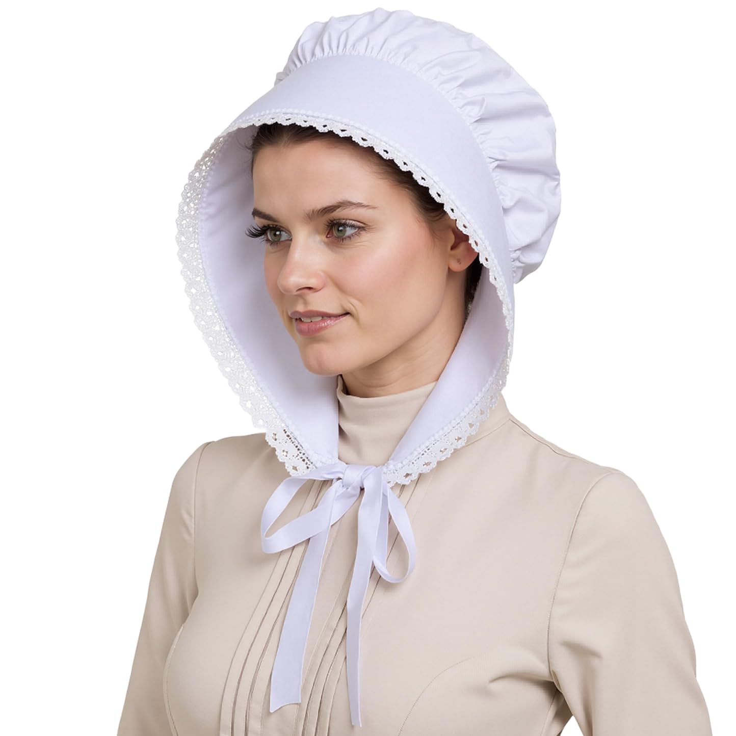 gagift world White Bonnet, Colonial Hat Pioneer Mob Hat Maid Cap with Adjustable Straps, White Lace, Large