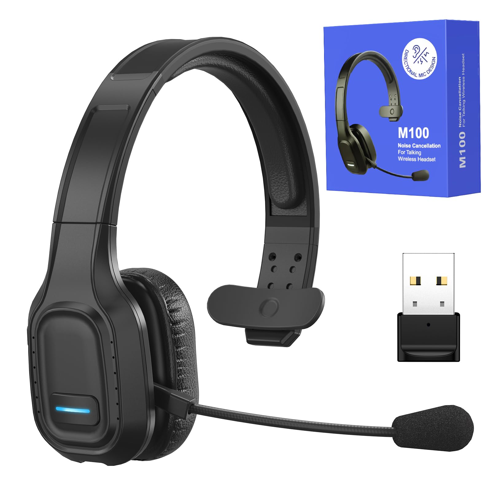 TURNRISE Trucker Bluetooth Headset with Dongle: AI Noise Canceling Wireless Headset with USB Dongle & 60Hrs Working Time & Mute Button, Headphones for Truck Drivers, Office, Call Center, Phone/PC