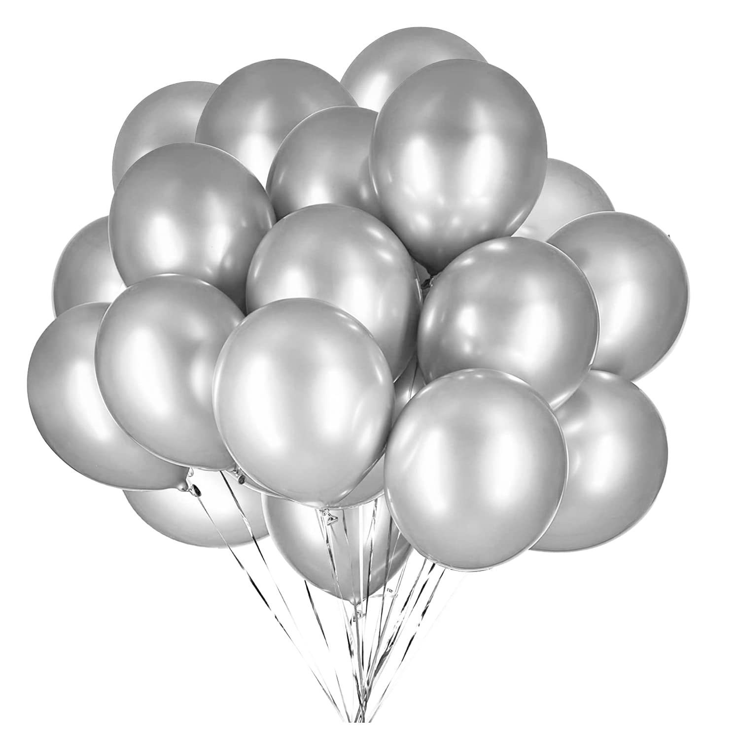 Vsosfiza 12inch Silver Metallic Balloons Latex Helium Chrome Balloons Silver Latex Balloons(50Pack)