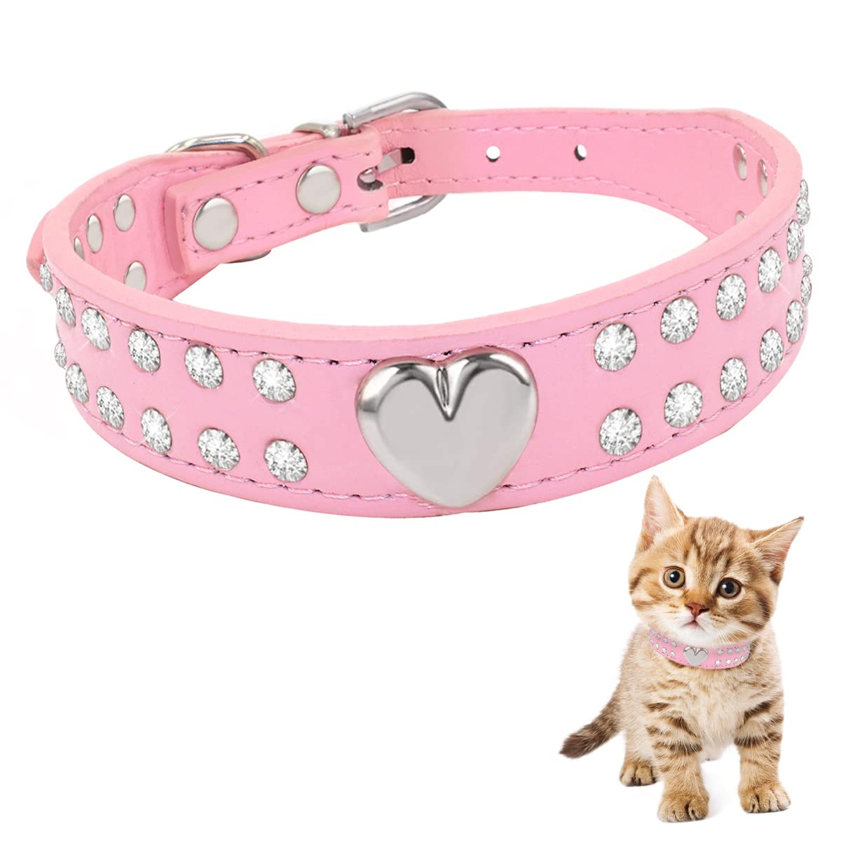 Crystal Dog Collar, GLADFRESIT PU Leather Pink Pet Collar with Adjustable Strap Rhinestone Kitten Puppy Collar for Small Medium Pet