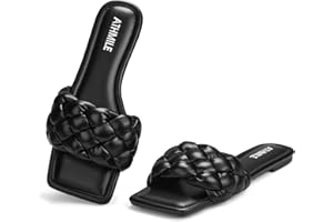 ATHMILE Braided Womens Sandals Square Open Toe Fashion Slide Sandals Women Dressy Summer Flat Beach Size 6-11