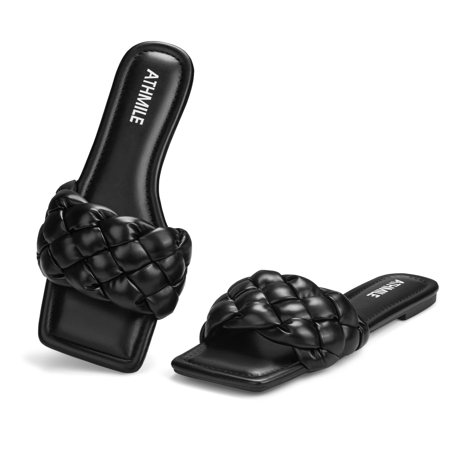 ATHMILE Braided Womens Sandals Square Open Toe Fashion Slide Sandals Women Dressy Summer Flat Beach 2025 Size 6-11