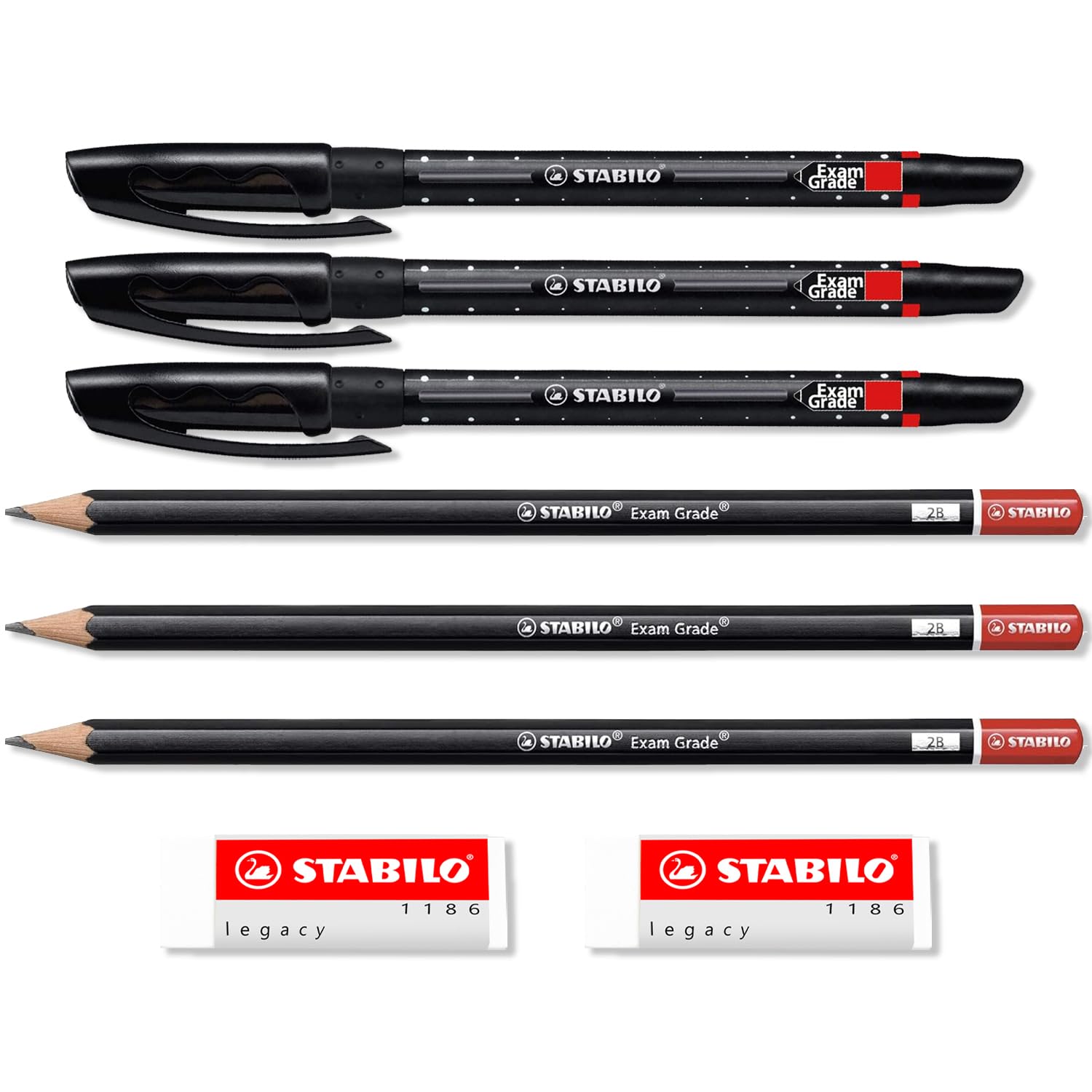 STABILO Exam Grade School Stationery Set - 3 Pens, 3 x 2B Pencils, & 2 Legacy White Erasers Rubbers (Black)