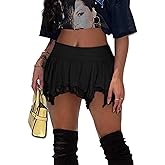 Women's Lace Short Skirt Sexy Y2K Solid Low Waist Patchwork Flowy Ruffle Pleated Mini Skirts Streetwear