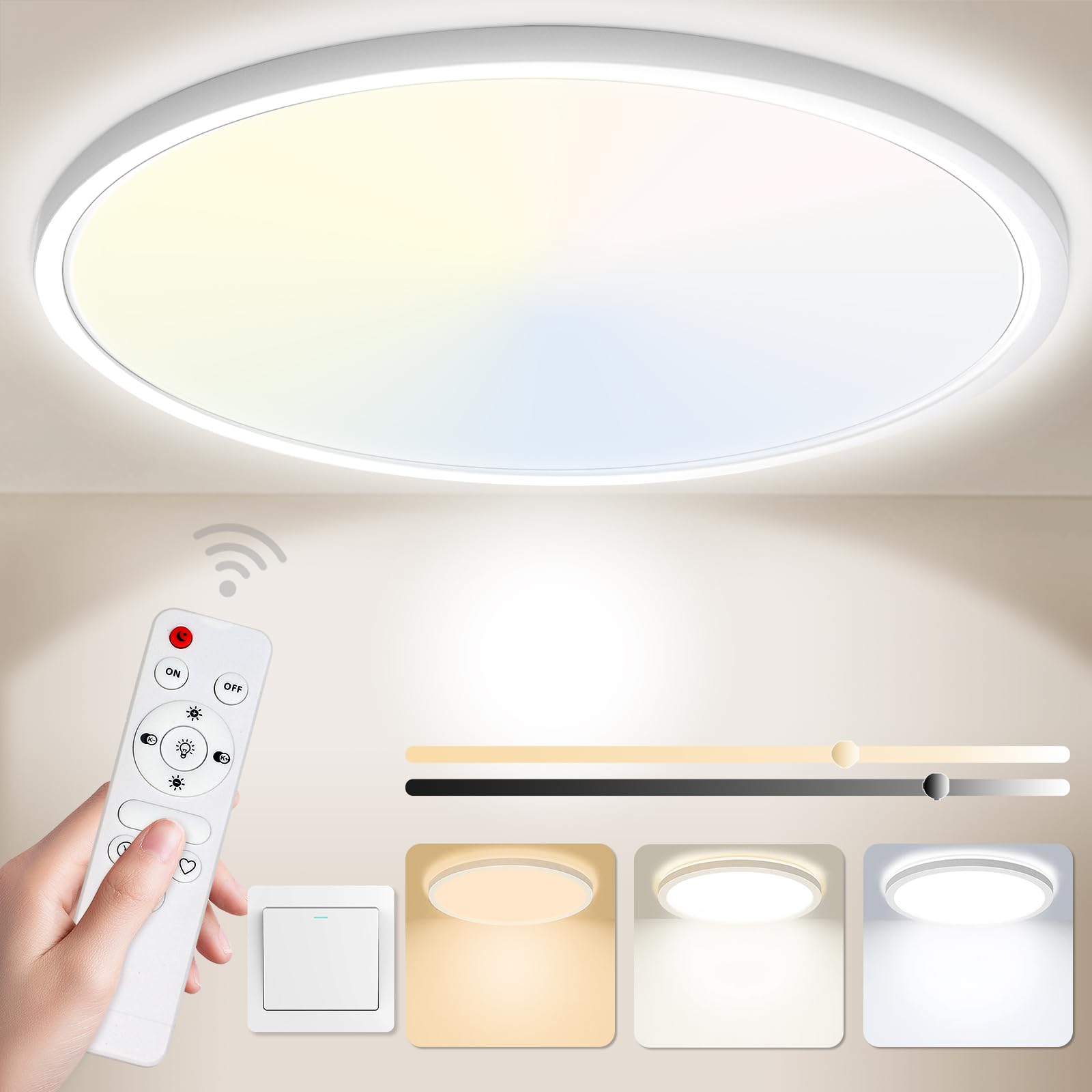 Yexati Bathroom Light 24W 3200LM 30cm Dimmable with Remote Control 6500K-3000K, IP54 LED Bathroom Light Ultra Thin Flush Ceiling Light Round for Kitchen Toilet Porch Bedroom Utility Room White