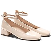 Coutgo Womens Chunky Low Heels Closed Square Toe Ankle Strap Pumps Wedding Prom Dress Shoes