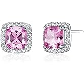 Sterling Silver Pink Cubic Zirconia Stud Earrings - Cushion-Cut Halo Earrings for Women - Elegant Hypoallergenic Jewelry for Weddings, Gifts & Everyday Wear
