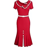 MUXXN Women's Retro 60s Sailor Collar Short Sleeve Pinup Cocktail Work Mermaid Dress with Belt