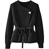Verdusa Women's Old Money Ribbed Knit Cardigan Long Sleeve Asymmetrical Belted Sweaters