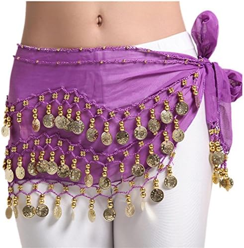 Triangle Belly Dancing Hip Scarf Belt Waist Chain Wrap Costumes Dangling Gold Coins and Beads , purple