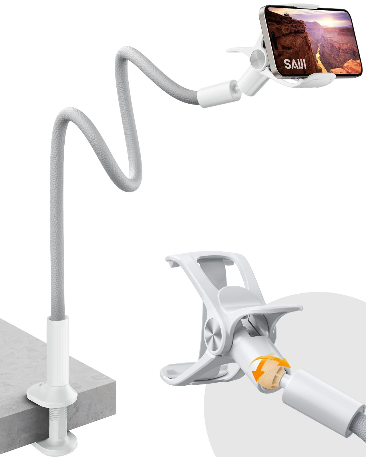 SAIJI Gooseneck Phone Holder, Flexible Lazy Arm holder for Bed with 360 Adjustable Clamp, [Upgraded leather exterior] Cell iPhone Stand For All 4.7-7.0" iPhone Samsung Kindle (38”, Grey)