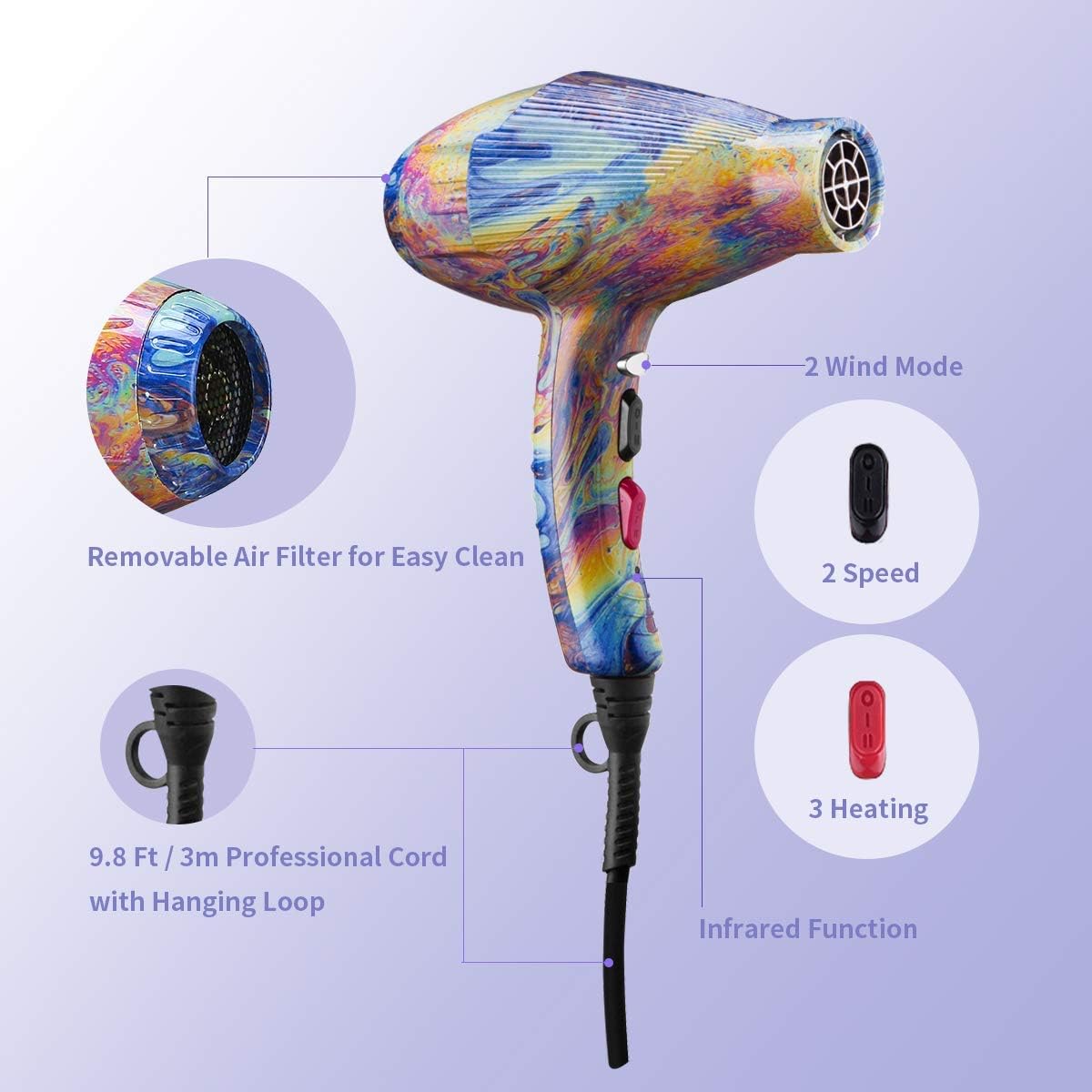 REACLOUD Salon Hair Dryer, 1875W Professional Hair Dryer (with Powerful AC Motor), Infrared Technology, 2-Speed 3-Heat Setting, Quick Drying: Health & Personal Care