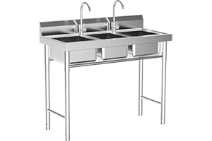 CUBELLIN 3 Compartment Sink Stainless Steel Kitchen Sink Commercial Utility Washing Station with Filter & Drainage Pipe Freestanding Triple Bowl for Outdoor, Indoor 39” W X 18” D X 35.8” H