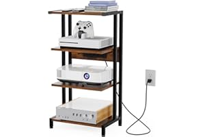 X-cosrack 4-Tier AV Media Stand with Power Strips, Wooden Corner Shelf Component Cabinet Stereo Audio Rack Stand Tower Perfect for DVD Players:Game Console:TV Box:Cable Box:Xbox:WiFi Router