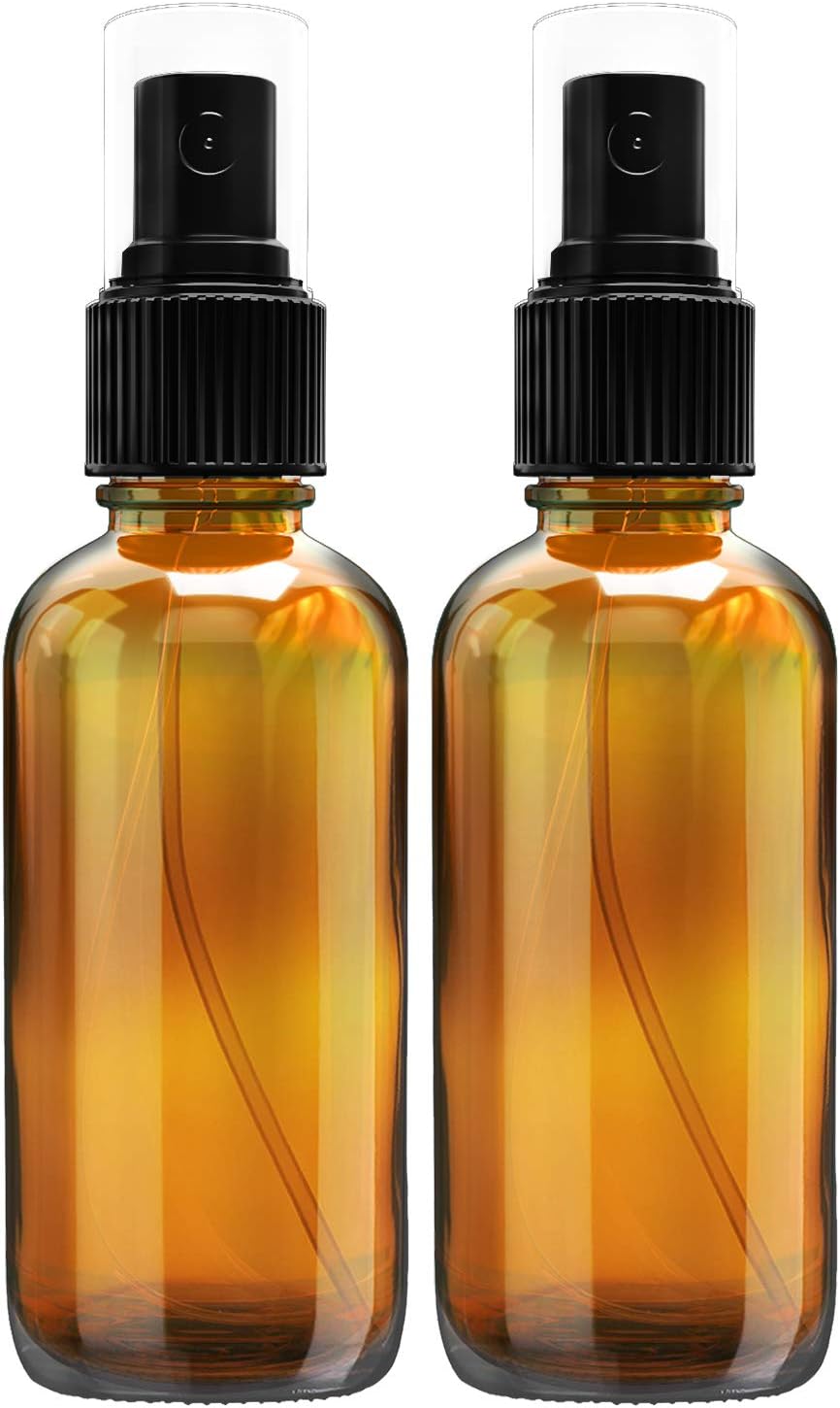 Nylea Small Glass Spray Bottles for Oil, Hair, Plants Water 2 oz | Empty Fine Mist and Refillable Mister Amber Mini Travel Size Bottle for Cleaning Solutions, Essential Oil Sprayer and Nozzle - 2 Pack