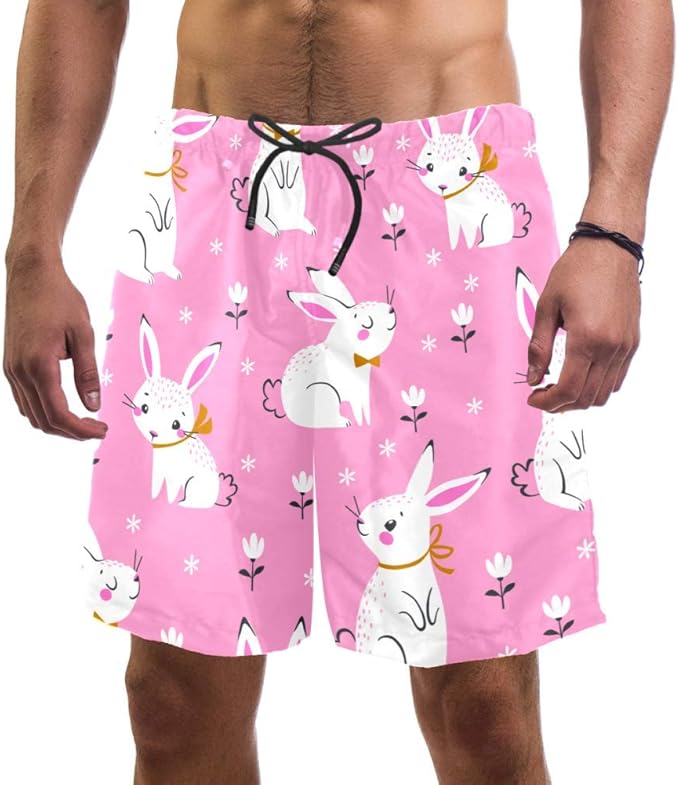 Cute White Bunnies Men's Board Shorts Slim Fit Ultra Quick Dry Lining