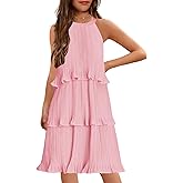 HOSIKA Girls Halter Neck Dresses Summer Sleeveless Ruffle Tiered Layered Chiffon Pleated A Line Swing Midi Dress for 6-12 Y