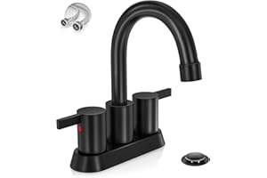 Phiestina 4 Inch 2 Handle Centerset Matte Black Lead-Free Modern Bathroom Faucet, 360 Swivel Spout 2-3 Hole RV Bathroom Vanity Sink Faucet with Pop Up Drain and Water Supply Lines,BF015-1-MB