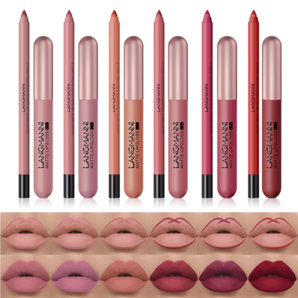 12Pcs Lip Liner and Lipstick Set, 6 Velvety Matte Liquid Lipsticks + 6 Matching Smooth Lip Liner One Step Lips Makeup Kits, Waterproof Long Lasting Lip Gloss Makeup Gift Set