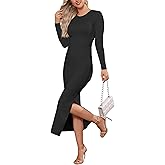 Bamulu Women's Bodycon Maxi Dress Winter Fall Long Sleeve Side Slit Dresses Knit Fitted Tight Basic Party Club Cocktail
