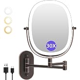 FUNTOUCH 5000mAh Rechargeable Wall Mounted Lighted Makeup Mirror, Bronze | Double Sided 30X/1X Magnifying Mirror Wall Mounted,Extended Arm 360&deg;Rotation,Touch Dimmable,3 Color Lights for Bathroom