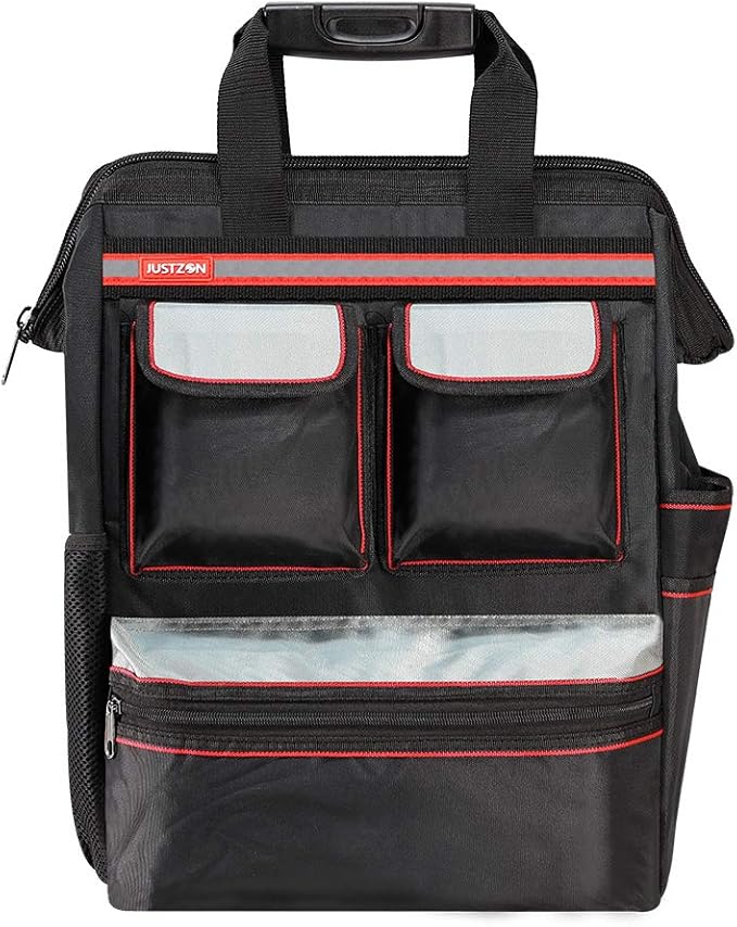 Justzon Backpack Tool Bag With Padded Back Support Heavy Duty Tool Kit Carrier Storage Bags For Electrician Plumber Hvac Cable Repairman Amazon Com