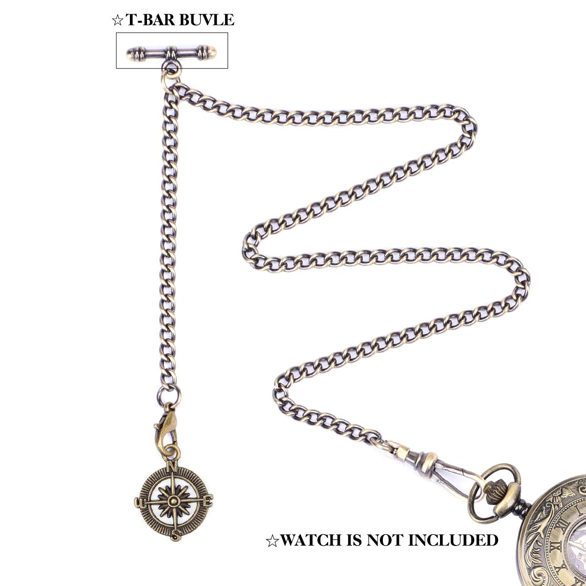 oyeaho OyeahO Albert Chain Pocket Watch, T-bar Chain with Compass Pendant, Curb Link Chain 2 Hook Antique Fob T Bar for Men