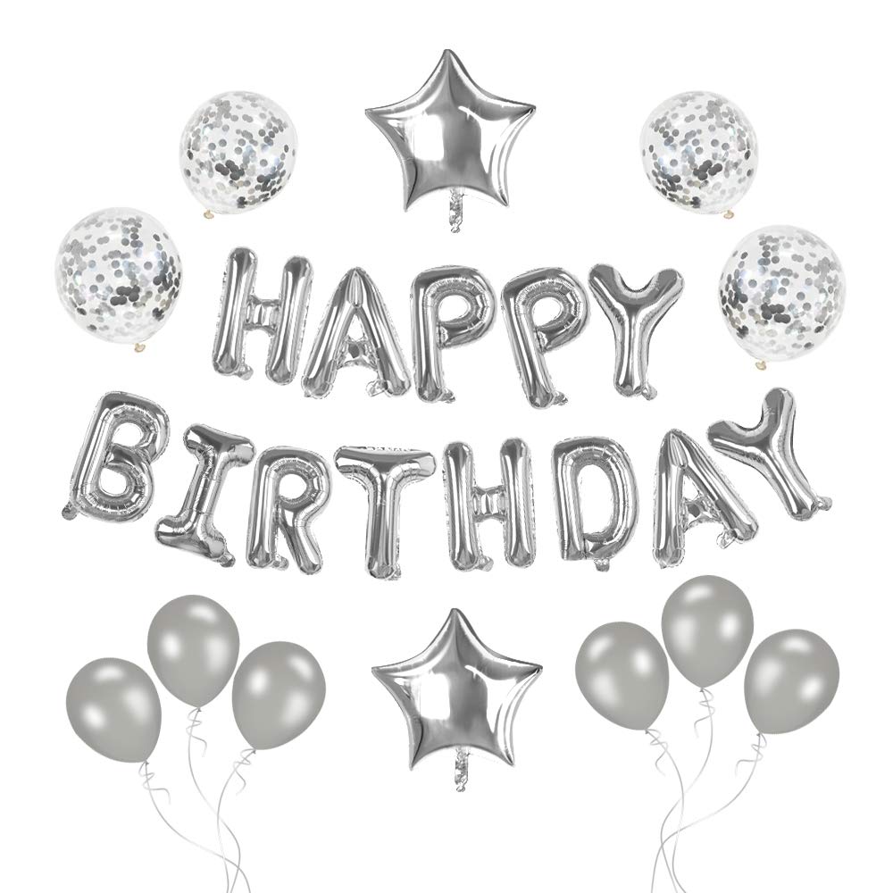 lohey Happy Birthday Balloons, 16 Inch Happy Birthday Banner Party Decorations, Self Inflating Letter Silver Balloons for Adults Kids Party Decor