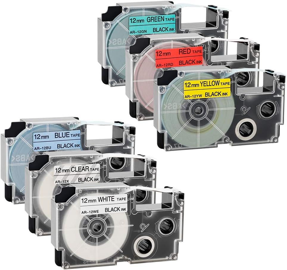 Labelife Compatible Label Tape Replacement for CASIO 12mm Tape XR-12X XR-12WE XR-12RD XR-12BU XR-12YW XR-12GN for KL1500 KL2000 KL7000 Label Maker (1/2" x 26.2') - 6 Pack
