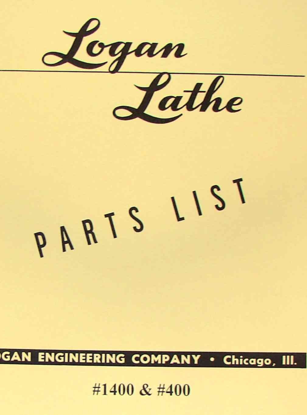 Logan 400 1400 Metal Lathe Parts Manual Misc Books Logan 400 1400 Metal Lathe Parts Manual Misc Books