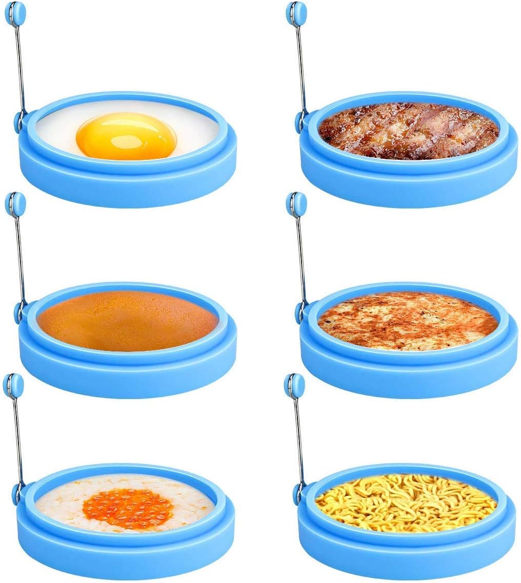 Winkeyes 6pcs Silicone Egg Rings, 4 Inch Egg Ring for Frying Eggs, Egg Mcmuffin Ring, Non Stick Fried Egg Ring Mold, Pancake Ring (6pcs) (Light Blue)