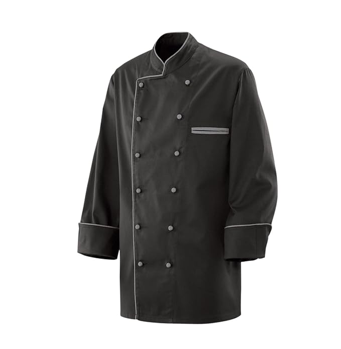 Kochjacke Bäckerjacke Jacke Langarm Schwarz mit Silber grauem Paspel Gr. L 35% Baumwolle, 65% Polyester 220gr.