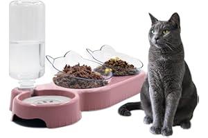 Y-ANNJYA Triple Cat Bowls,15°Tilt 3-in-1 Water Feeder Bowls Cat Double Food Bowls with Automatic Water Bottle Bowl, Whisker Friendly Wet and Dry Cat Elevated Feeding Dishes for Small Cat and Puppy (Pink)