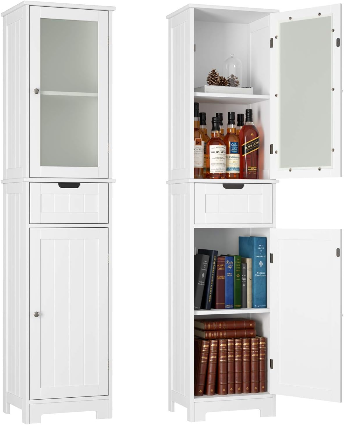 linen cabinet freestanding on Furniture Homecho Bathroom Storage Cabinet With 3 Tier Shelf Drawer Glass Door Floor Cabinet Free Standing Linen Tower Tall Slim Side Organizer Shelves Wooden Cupboard White Hmc Md 015 Home Kitchen