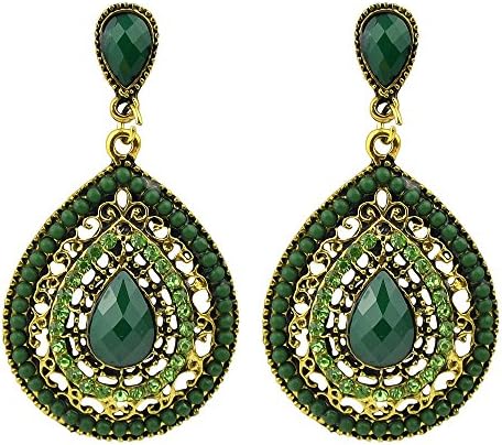 Feelontop Fashion Indian Style Rhinestone Beads Big Drop Earrings with Jewelry Pouch (Green)